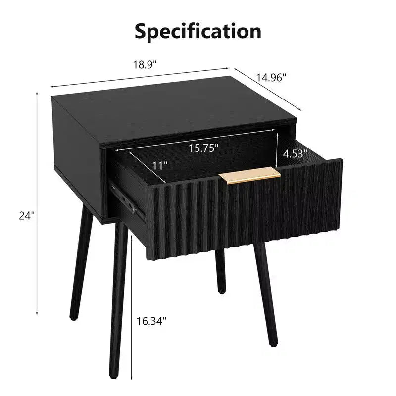 Table de chevet noire en relief de 48 cm, panneaux de particules et MDF, mélamine et formage sous vide, 1 tiroir, pieds hauts