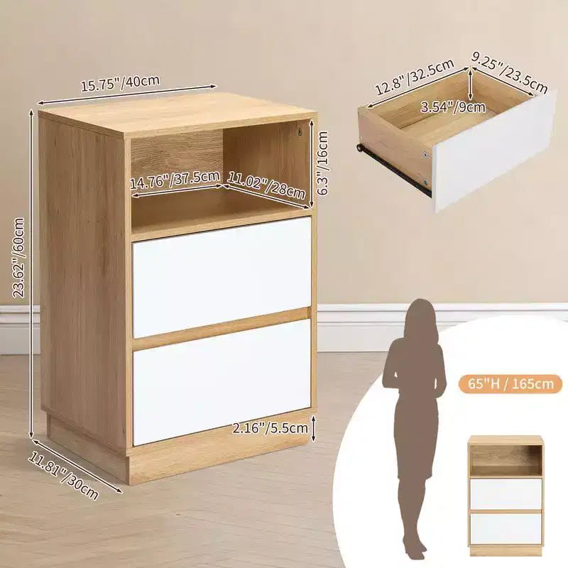 Table de chevet blanche de 40 cm avec 2 tiroirs biseautés (lot de 2)