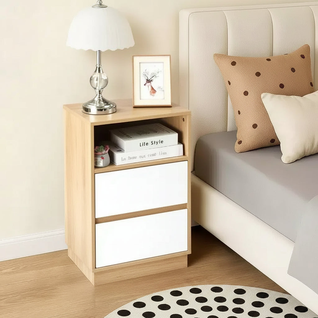 Table de chevet blanche de 40 cm avec 2 tiroirs biseautés (lot de 2)