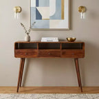 Console en bois massif châtaigne 51 avec trois étagères et trois tiroirs