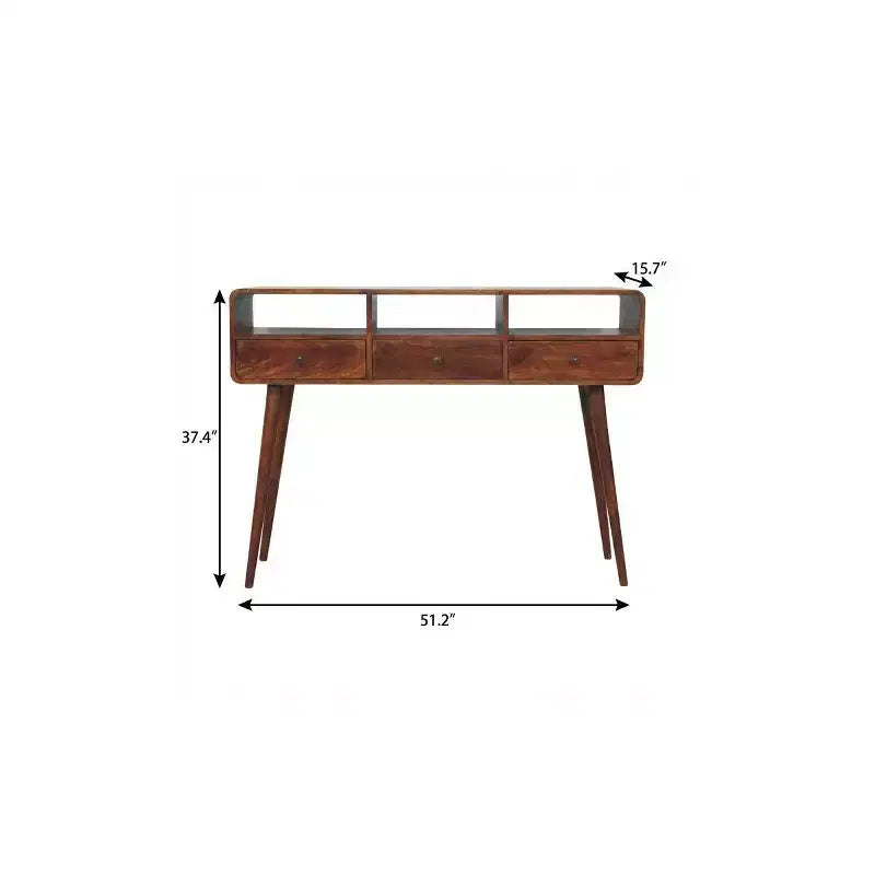 Console en bois massif châtaigne 51 avec trois étagères et trois tiroirs
