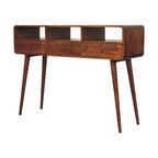 Console en bois massif châtaigne 51 avec trois étagères et trois tiroirs