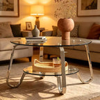 Table basse en verre trempé double couche à cadre métallique rétro