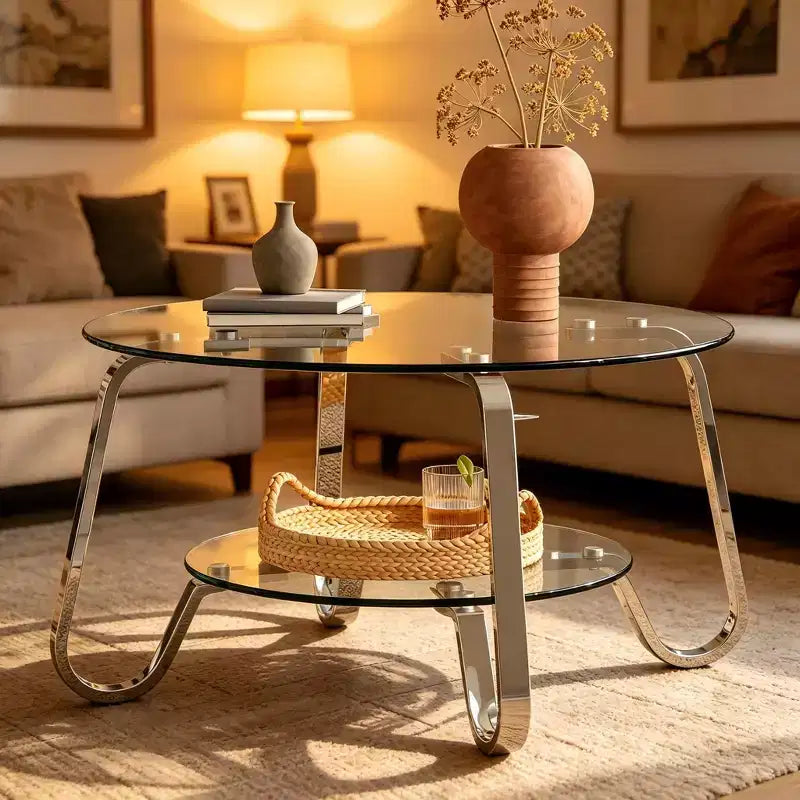 Table basse en verre trempé double couche à cadre métallique rétro