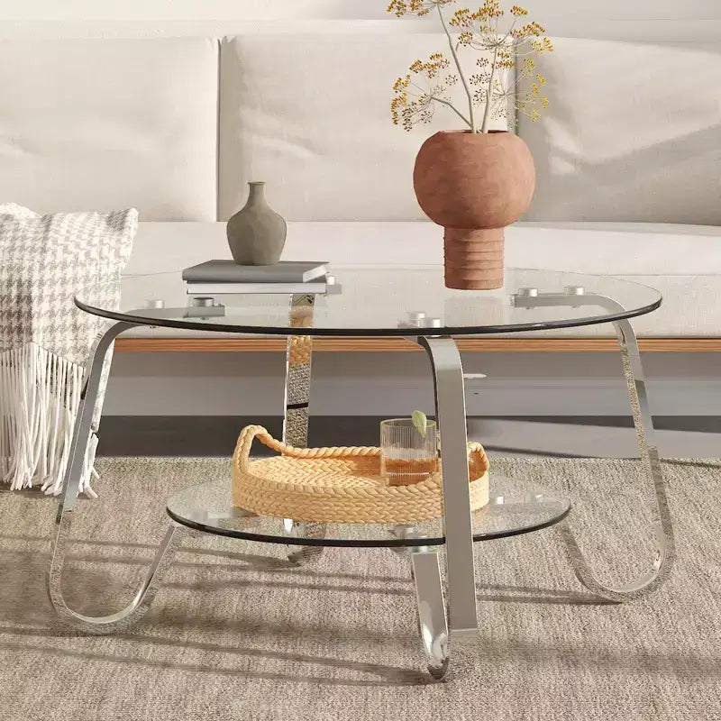 Table basse en verre trempé double couche à cadre métallique rétro