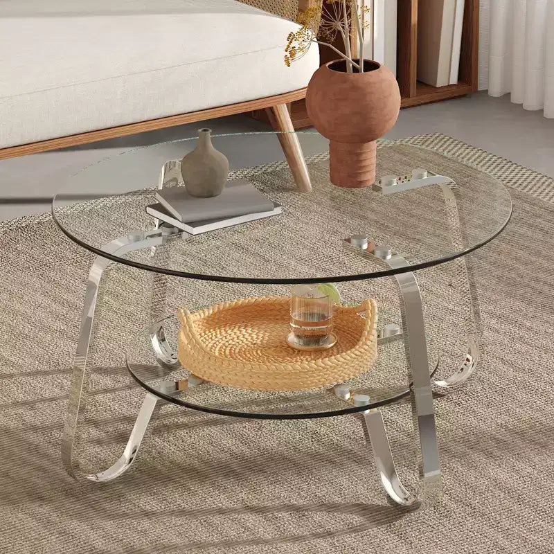 Table basse en verre trempé double couche à cadre métallique rétro
