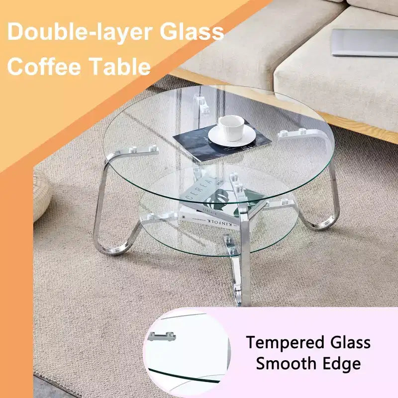 Table basse en verre trempé double couche à cadre métallique rétro