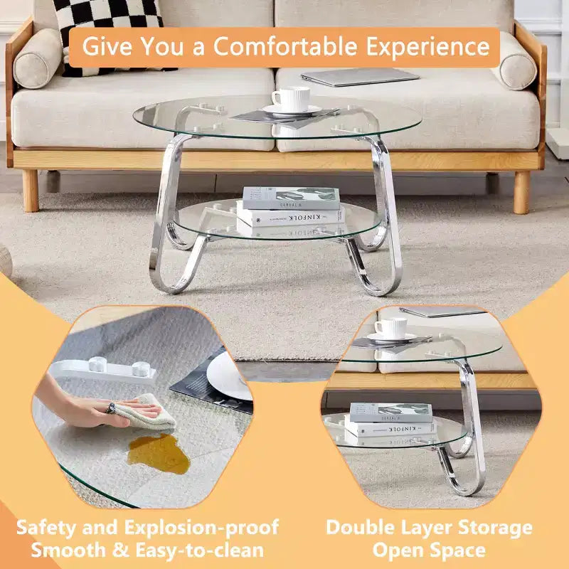 Table basse en verre trempé double couche à cadre métallique rétro