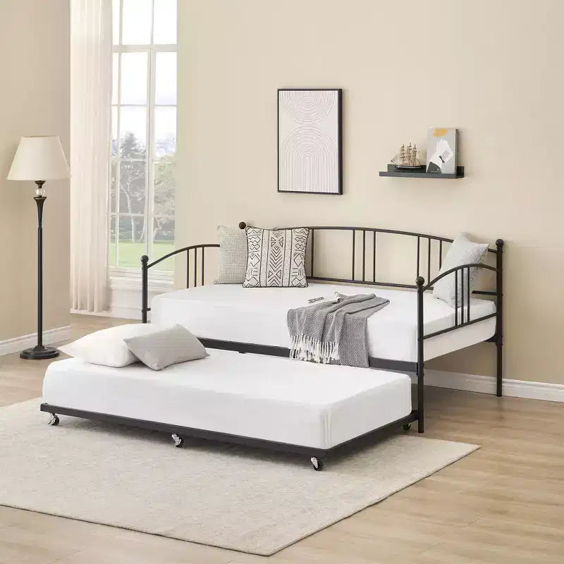 Twin Daybed Sofa with Trundle, Metal Frame Arched Headboard, Platform Bed No Box Spring Needed for Bedroom Living Room