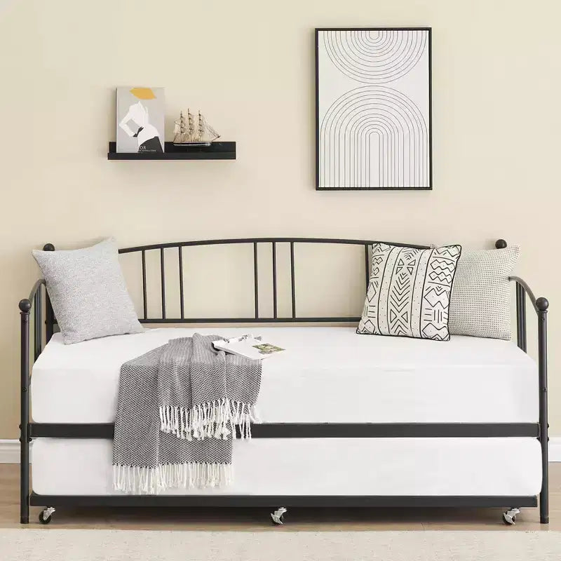Lit de repos double avec lit gigogne, canapé en métal avec tête de lit arquée, lit plate-forme sans sommier tapissier pour chambre à coucher ou salon