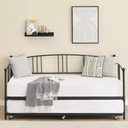 Lit de repos double avec lit gigogne, canapé en métal avec tête de lit arquée, lit plate-forme sans sommier tapissier pour chambre à coucher ou salon
