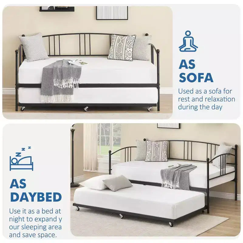 Lit de repos double avec lit gigogne, canapé en métal avec tête de lit arquée, lit plate-forme sans sommier tapissier pour chambre à coucher ou salon