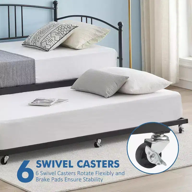 Lit de repos double avec lit gigogne, canapé en métal avec tête de lit arquée, lit plate-forme sans sommier tapissier pour chambre à coucher ou salon