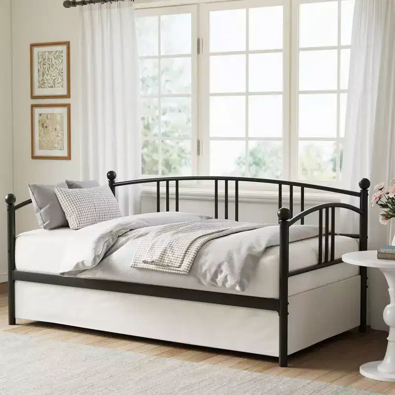 Lit de repos double avec lit gigogne, canapé en métal avec tête de lit arquée, lit plate-forme sans sommier tapissier pour chambre à coucher ou salon