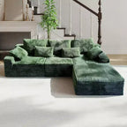 MooxvMoo 107.5 Boneless Couch with Chaise & Throw Pillow, Plush Corduroy Compressed Sectional Sofa, No Assembly Required, Green