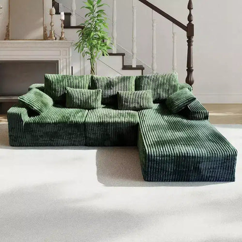 MooxvMoo 107.5 Boneless Couch with Chaise & Throw Pillow, Plush Corduroy Compressed Sectional Sofa, No Assembly Required, Green