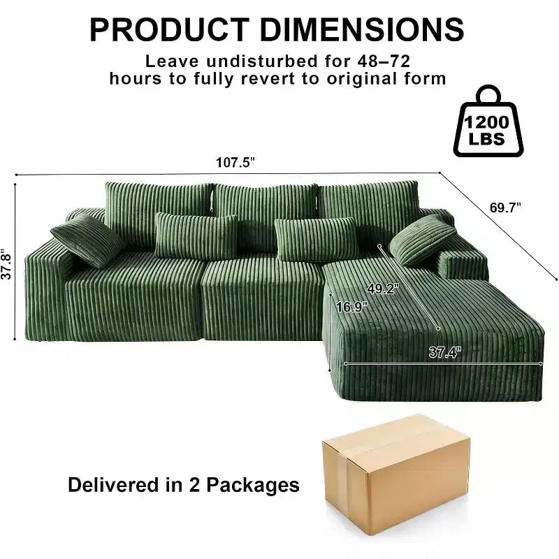 Canapé d'angle sans accoudoirs 107,5 po avec méridienne et coussin décoratif, canapé sectionnel compressé en velours côtelé moelleux, aucun assemblage requis, vert
