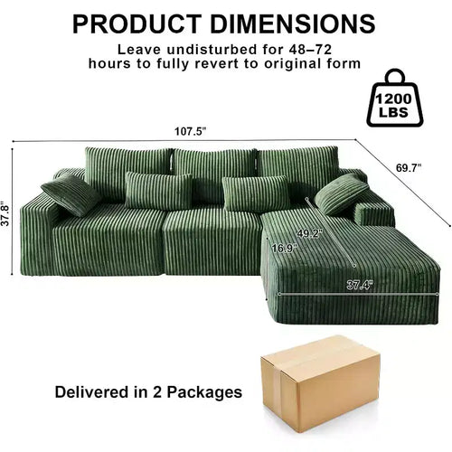 Canapé d'angle sans accoudoirs 107,5 po avec méridienne et coussin décoratif, canapé sectionnel compressé en velours côtelé moelleux, aucun assemblage requis, vert