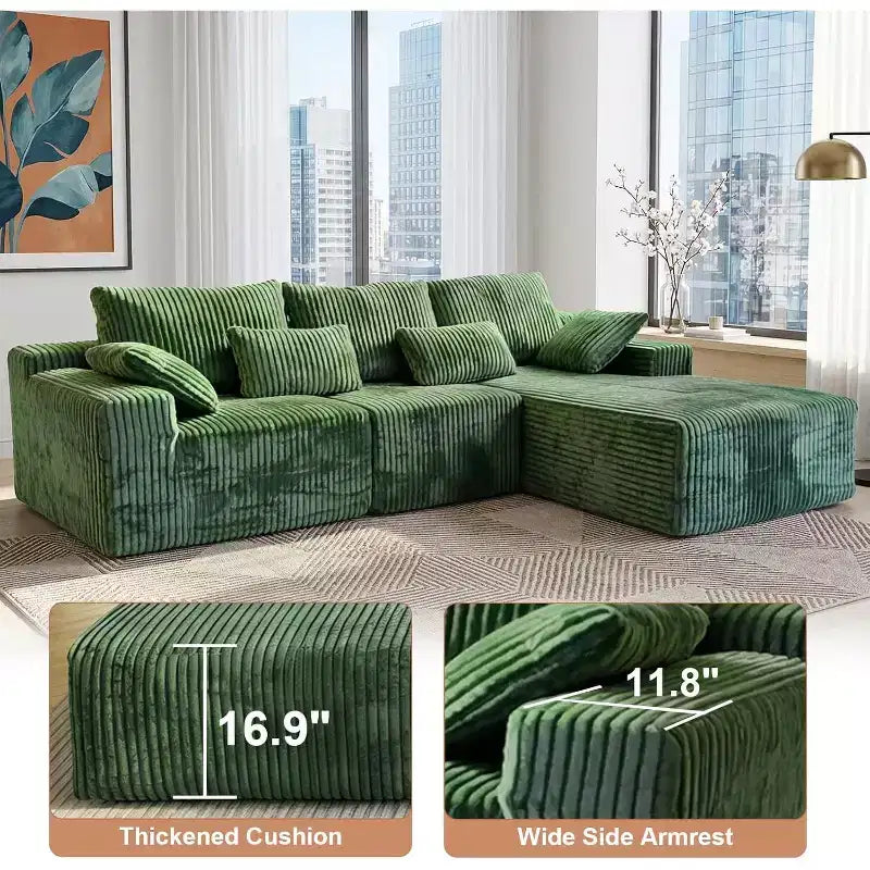 Canapé d'angle sans accoudoirs 107,5 po avec méridienne et coussin décoratif, canapé sectionnel compressé en velours côtelé moelleux, aucun assemblage requis, vert