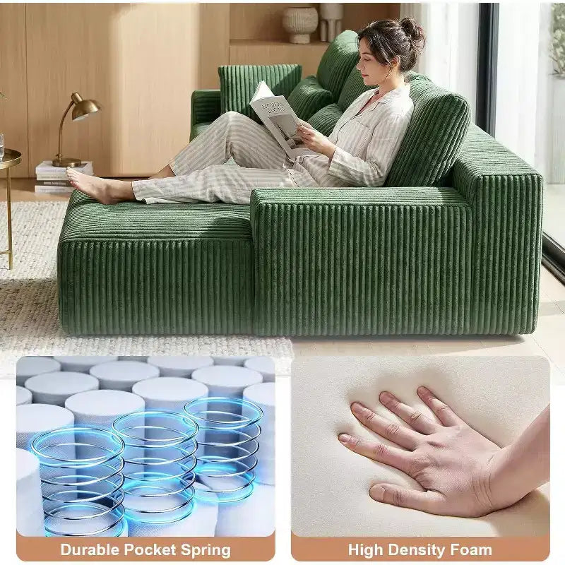 Canapé d'angle sans accoudoirs 107,5 po avec méridienne et coussin décoratif, canapé sectionnel compressé en velours côtelé moelleux, aucun assemblage requis, vert