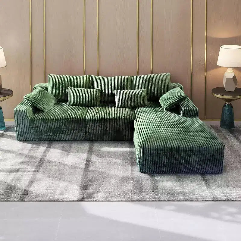 Canapé d'angle sans accoudoirs 107,5 po avec méridienne et coussin décoratif, canapé sectionnel compressé en velours côtelé moelleux, aucun assemblage requis, vert