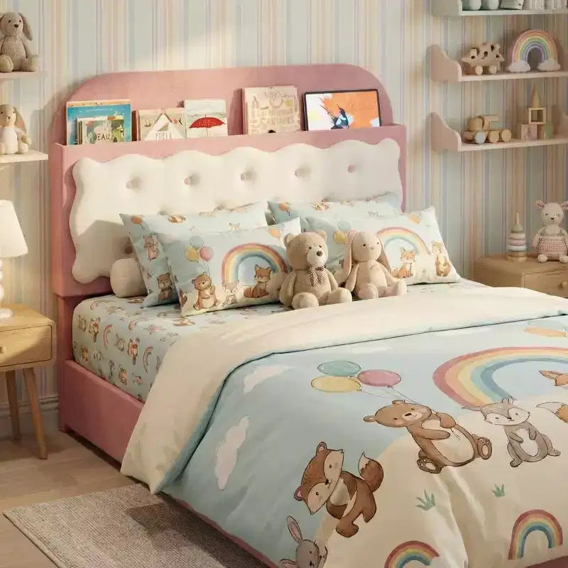 Cadre de lit double avec tête de lit en forme de biscuit sandwich, lit rose beige pour filles, rangement avec étagères intégrées à la tête de lit et 2 tiroirs, pas besoin de sommier, assemblage facile