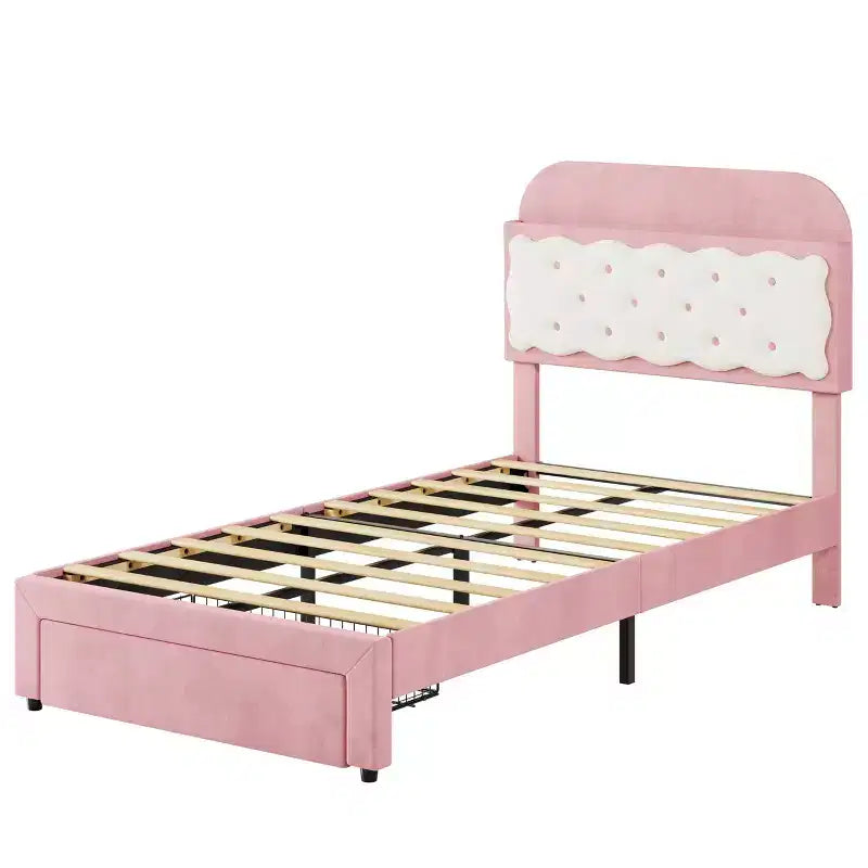 Cadre de lit double avec tête de lit en forme de biscuit sandwich, lit rose beige pour filles, rangement avec étagères intégrées à la tête de lit et 2 tiroirs, pas besoin de sommier, assemblage facile