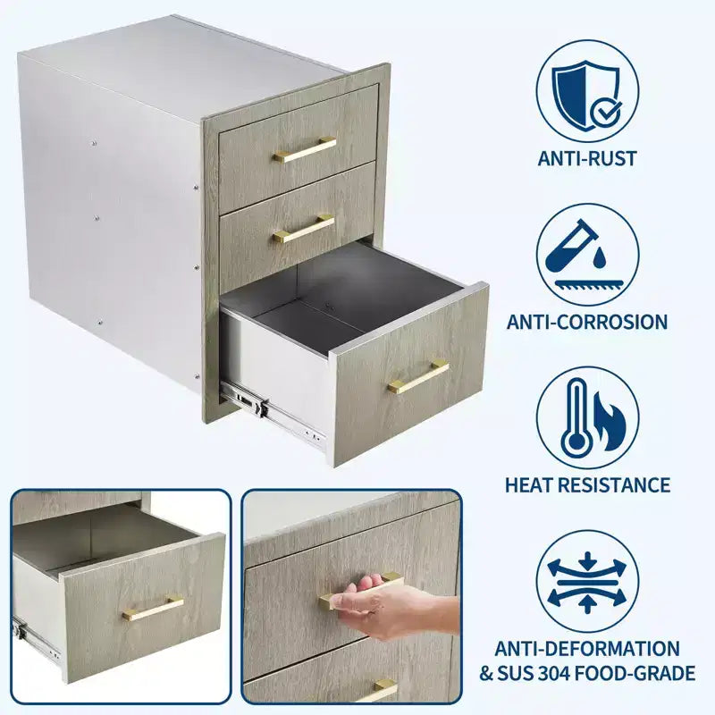 Meuble de rangement triple tiroir en acier inoxydable pour cuisine extérieure - Robuste, résistant aux intempéries, organisateur encastrable avec poignées, pour îlot de barbecue