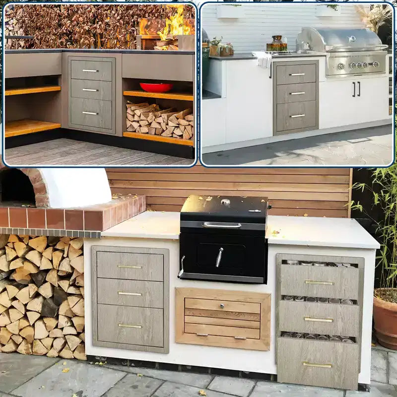 Meuble de rangement triple tiroir en acier inoxydable pour cuisine extérieure - Robuste, résistant aux intempéries, organisateur encastrable avec poignées, pour îlot de barbecue