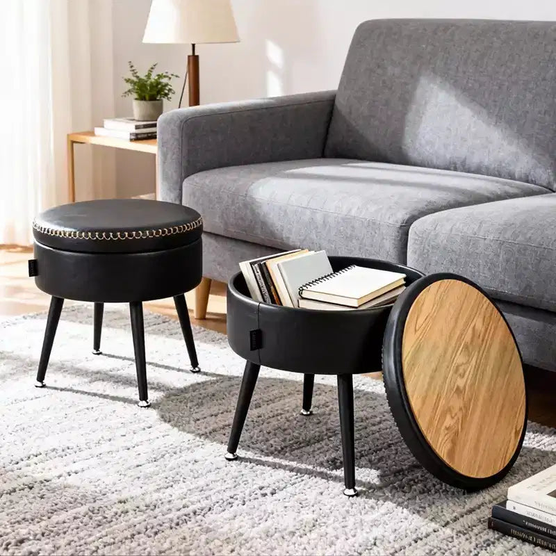 Storage Ottoman & Vanity Stool - Synthetic Leather Round Seat with Stitching, 330 Lb Capacity Steel Legs, Footrest & Bedroom Bench, Black