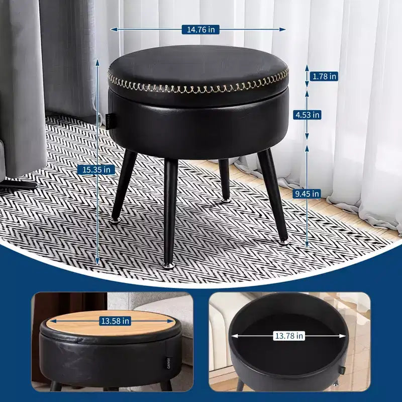 Ottoman de rangement et tabouret de coiffeuse – Siège rond en cuir synthétique avec surpiqûres, pieds en acier supportant 150 kg, repose-pieds et banc de chambre, noir