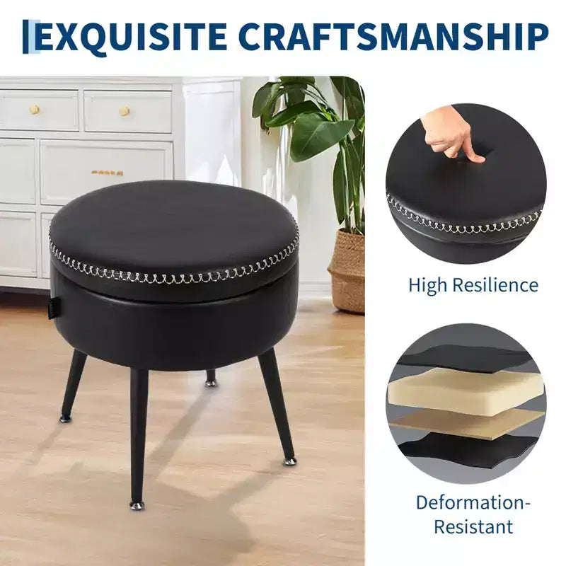Ottoman de rangement et tabouret de coiffeuse – Siège rond en cuir synthétique avec surpiqûres, pieds en acier supportant 150 kg, repose-pieds et banc de chambre, noir