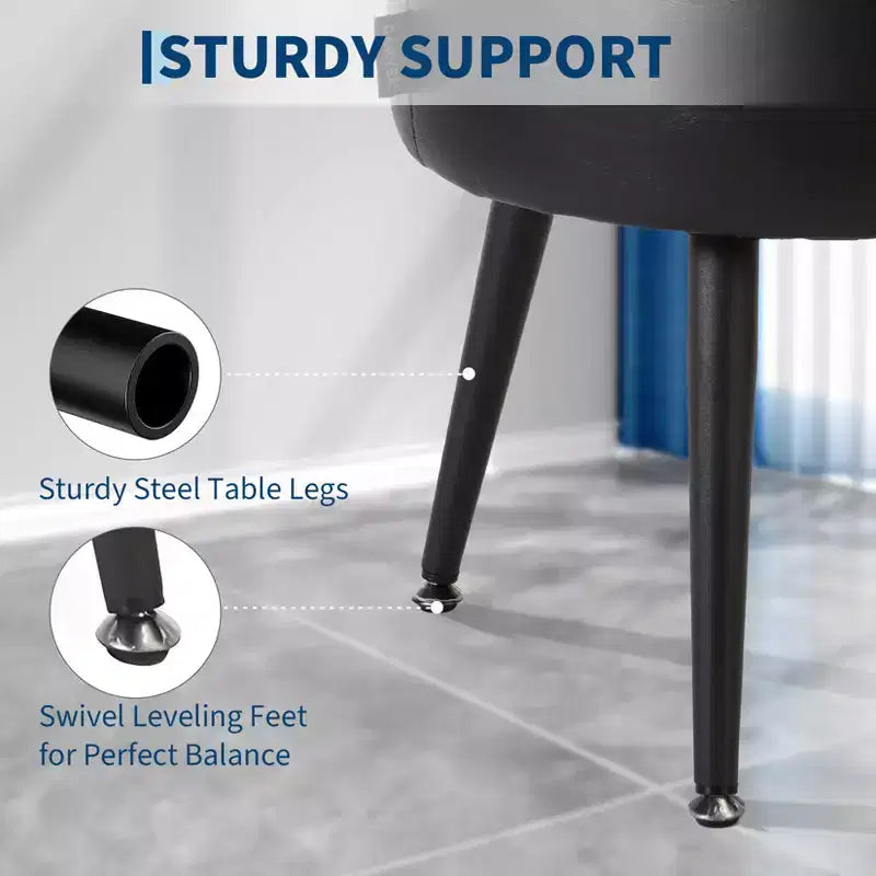 Ottoman de rangement et tabouret de coiffeuse – Siège rond en cuir synthétique avec surpiqûres, pieds en acier supportant 150 kg, repose-pieds et banc de chambre, noir