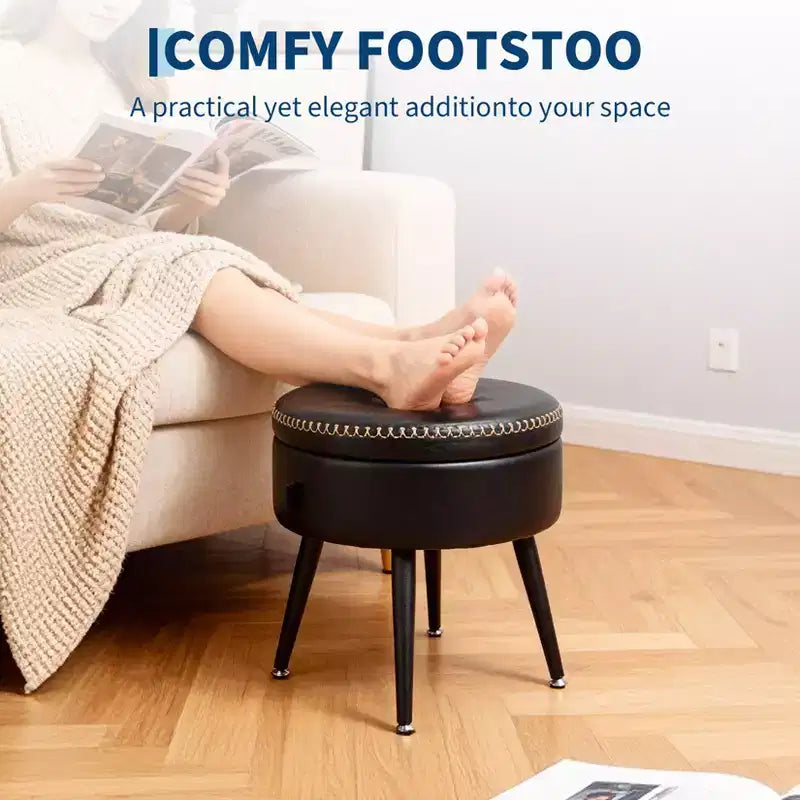 Ottoman de rangement et tabouret de coiffeuse – Siège rond en cuir synthétique avec surpiqûres, pieds en acier supportant 150 kg, repose-pieds et banc de chambre, noir