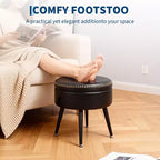 Ottoman de rangement et tabouret de coiffeuse – Siège rond en cuir synthétique avec surpiqûres, pieds en acier supportant 150 kg, repose-pieds et banc de chambre, noir