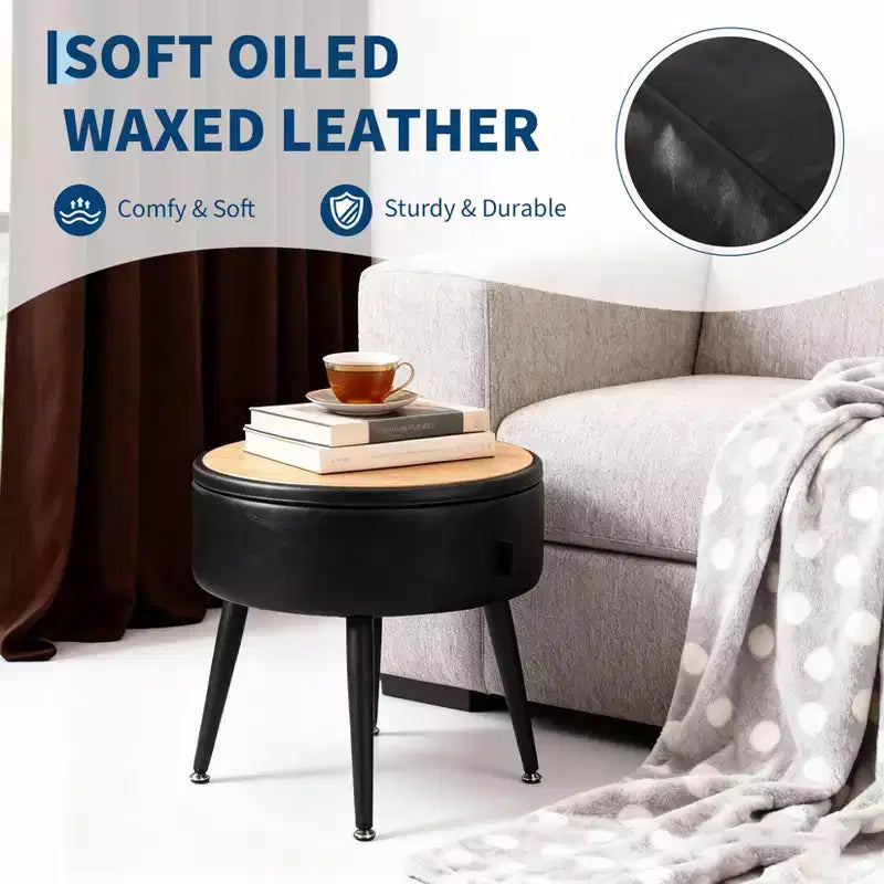 Ottoman de rangement et tabouret de coiffeuse – Siège rond en cuir synthétique avec surpiqûres, pieds en acier supportant 150 kg, repose-pieds et banc de chambre, noir