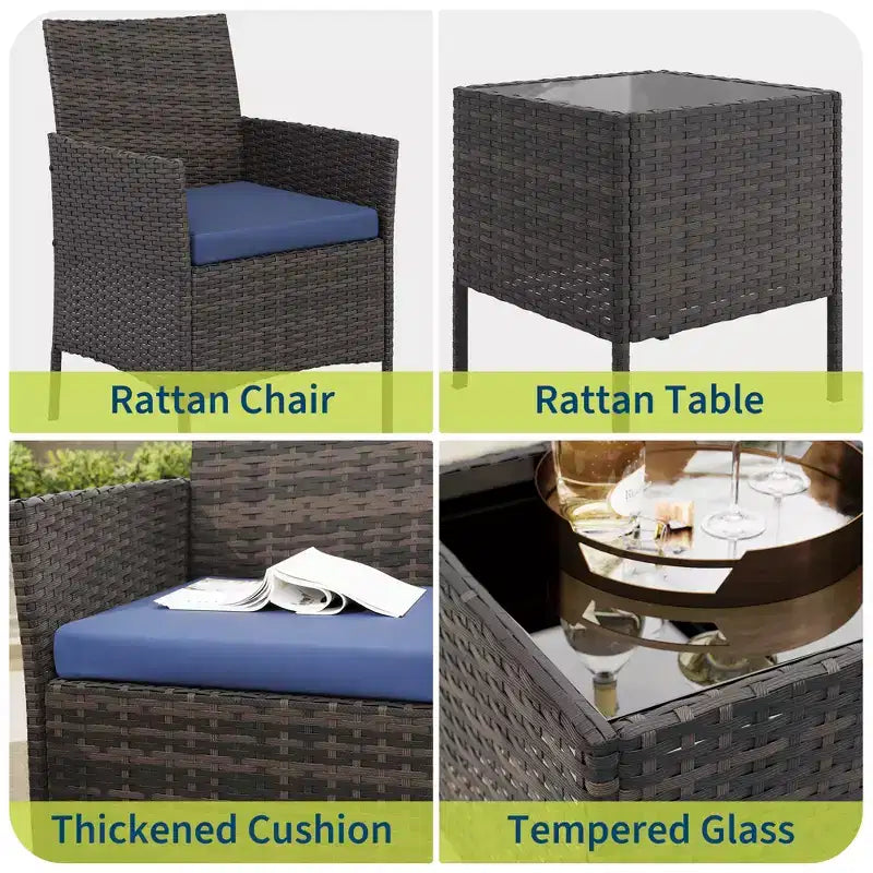 Ensemble de 3 meubles de patio extérieur, chaises en rotin PE avec coussins moelleux et table basse en verre trempé, ensemble de patio toutes saisons