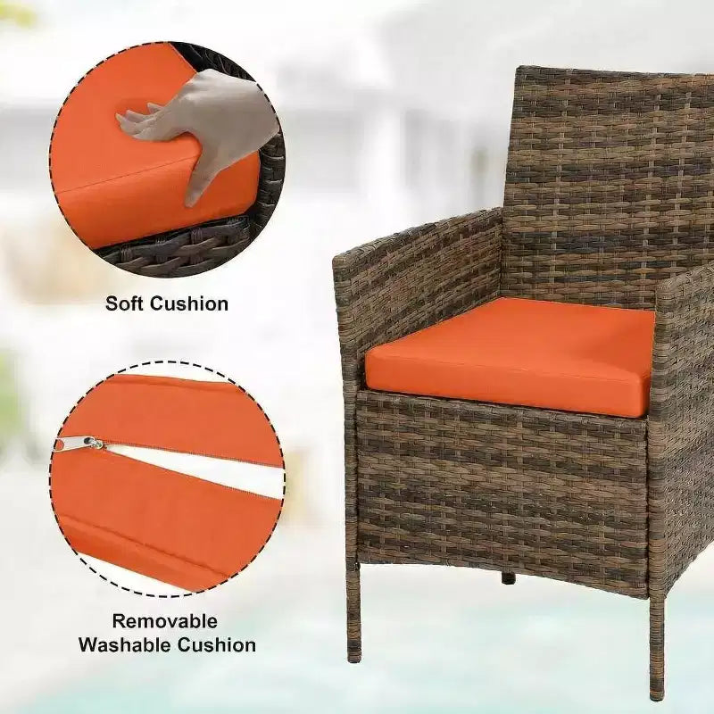 Ensemble de 3 meubles de patio extérieur, chaises en rotin PE avec coussins moelleux et table basse en verre trempé, ensemble de patio toutes saisons