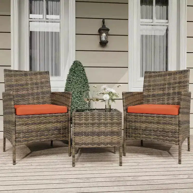 Ensemble de 3 meubles de patio extérieur, chaises en rotin PE avec coussins moelleux et table basse en verre trempé, ensemble de patio toutes saisons