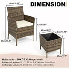 Ensemble de 3 meubles de patio extérieur, chaises en rotin PE avec coussins moelleux et table basse en verre trempé, ensemble de patio toutes saisons