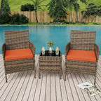 Ensemble de 3 meubles de patio extérieur, chaises en rotin PE avec coussins moelleux et table basse en verre trempé, ensemble de patio toutes saisons
