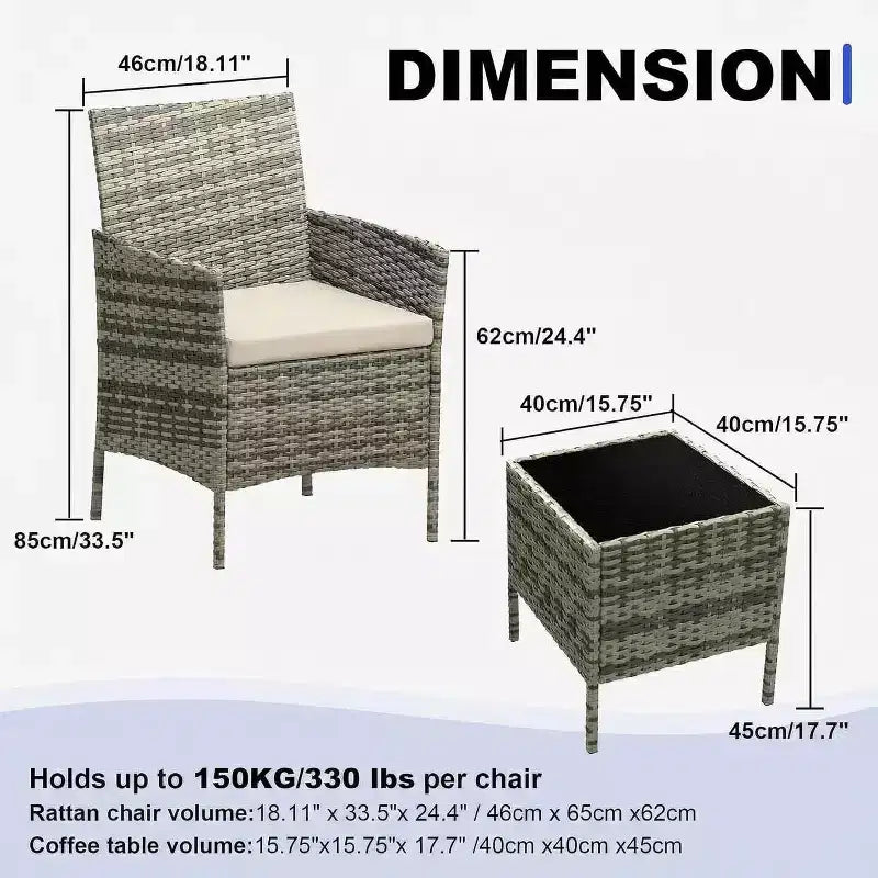 Ensemble de 3 meubles de patio extérieur, chaises en rotin PE avec coussins moelleux et table basse en verre trempé, ensemble de patio toutes saisons