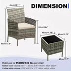 Ensemble de 3 meubles de patio extérieur, chaises en rotin PE avec coussins moelleux et table basse en verre trempé, ensemble de patio toutes saisons