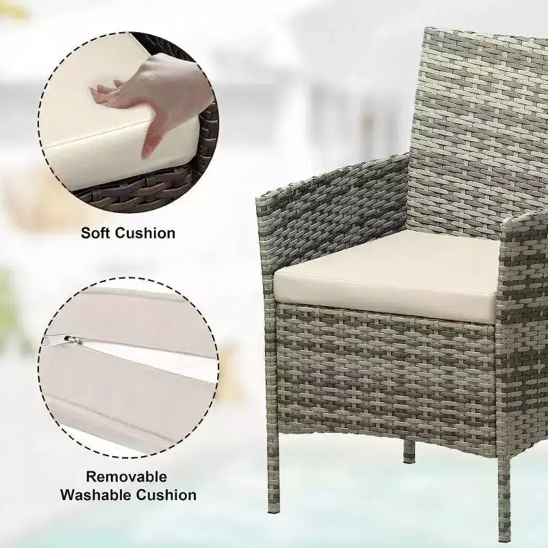 Ensemble de 3 meubles de patio extérieur, chaises en rotin PE avec coussins moelleux et table basse en verre trempé, ensemble de patio toutes saisons