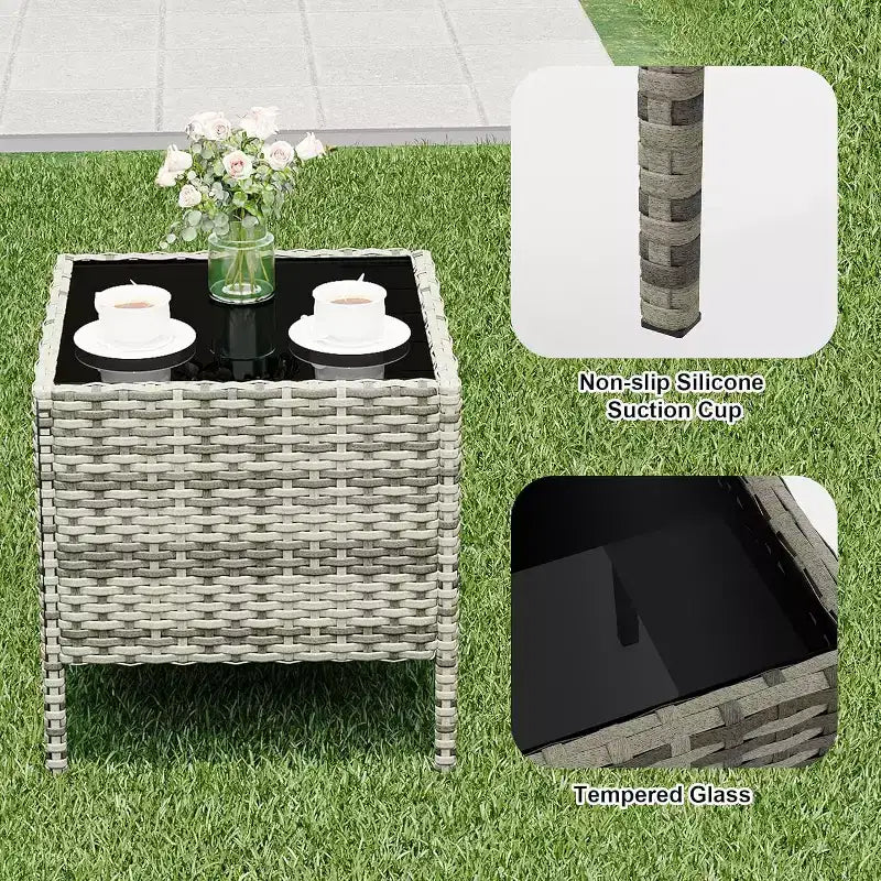 Ensemble de 3 meubles de patio extérieur, chaises en rotin PE avec coussins moelleux et table basse en verre trempé, ensemble de patio toutes saisons