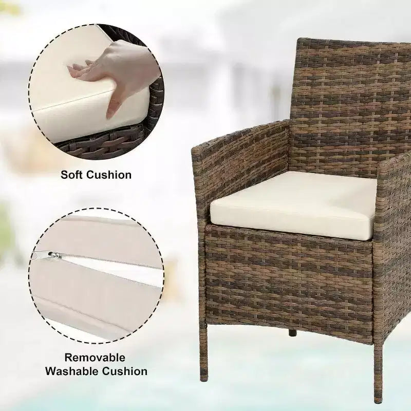 Ensemble de 3 meubles de patio extérieur, chaises en rotin PE avec coussins moelleux et table basse en verre trempé, ensemble de patio toutes saisons