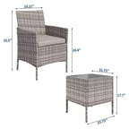 Ensemble de 3 meubles de patio extérieur, chaises en rotin PE avec coussins moelleux et table basse en verre trempé, ensemble de patio toutes saisons