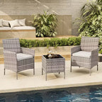 Ensemble de 3 meubles de patio extérieur, chaises en rotin PE avec coussins moelleux et table basse en verre trempé, ensemble de patio toutes saisons
