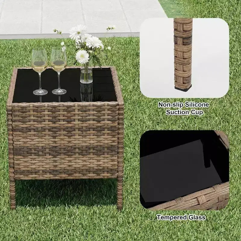 Ensemble de 3 meubles de patio extérieur, chaises en rotin PE avec coussins moelleux et table basse en verre trempé, ensemble de patio toutes saisons