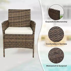 Ensemble de 3 meubles de patio extérieur, chaises en rotin PE avec coussins moelleux et table basse en verre trempé, ensemble de patio toutes saisons
